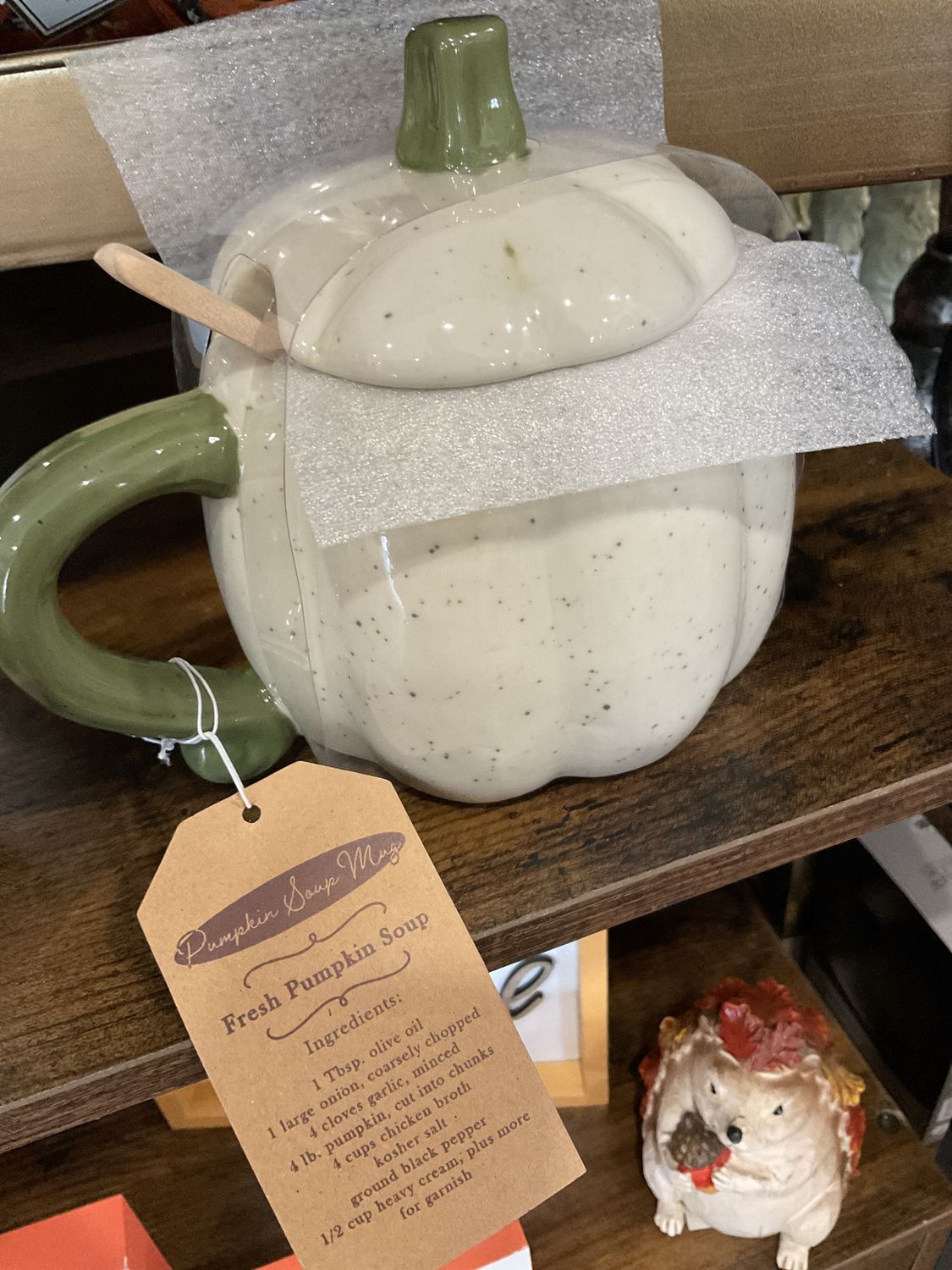 Pumpkin soup mugs with lid and wooden spoon