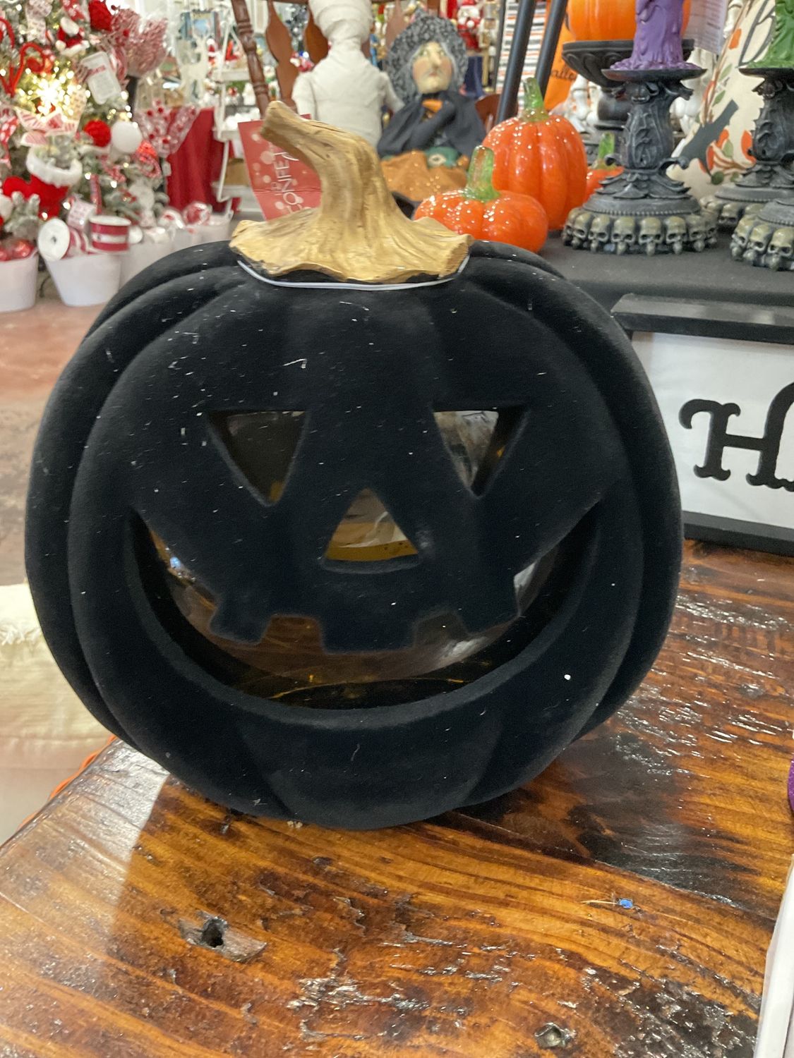 Lighted swirl flocked pumpkin black
