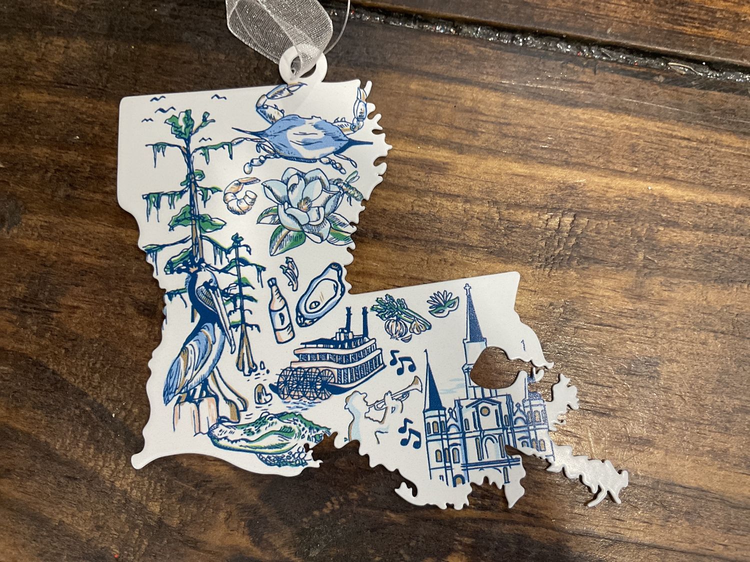 Galvanized Louisiana love ornament