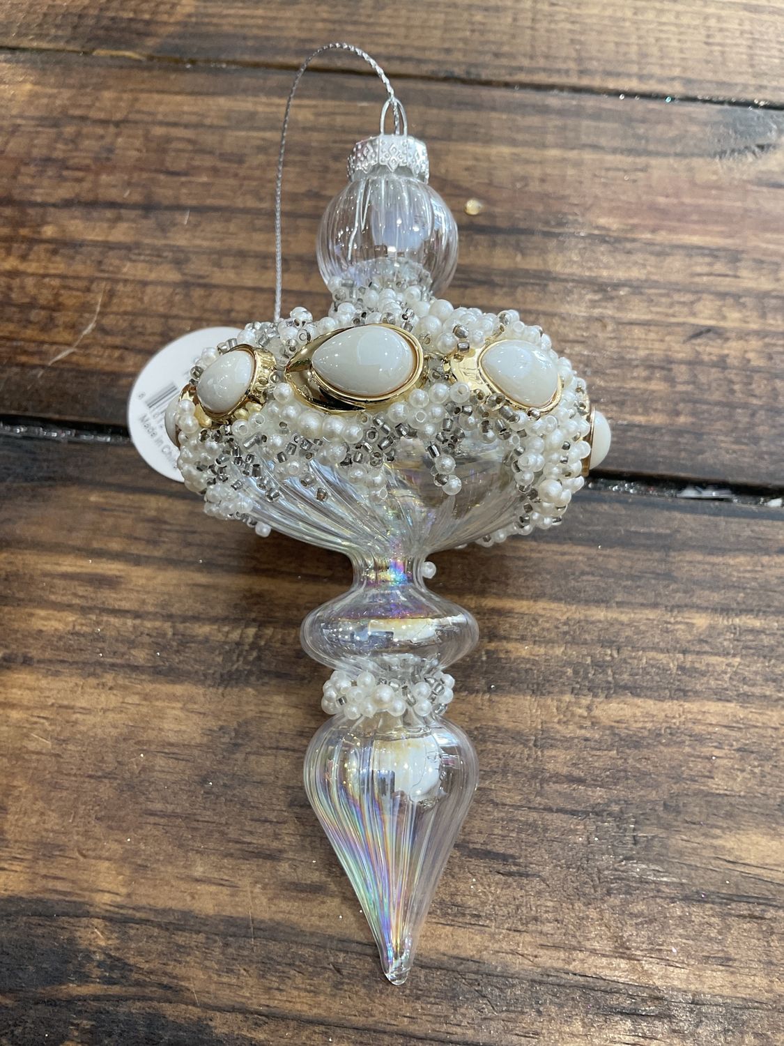 Clear glass, pearl bead, finial ornament