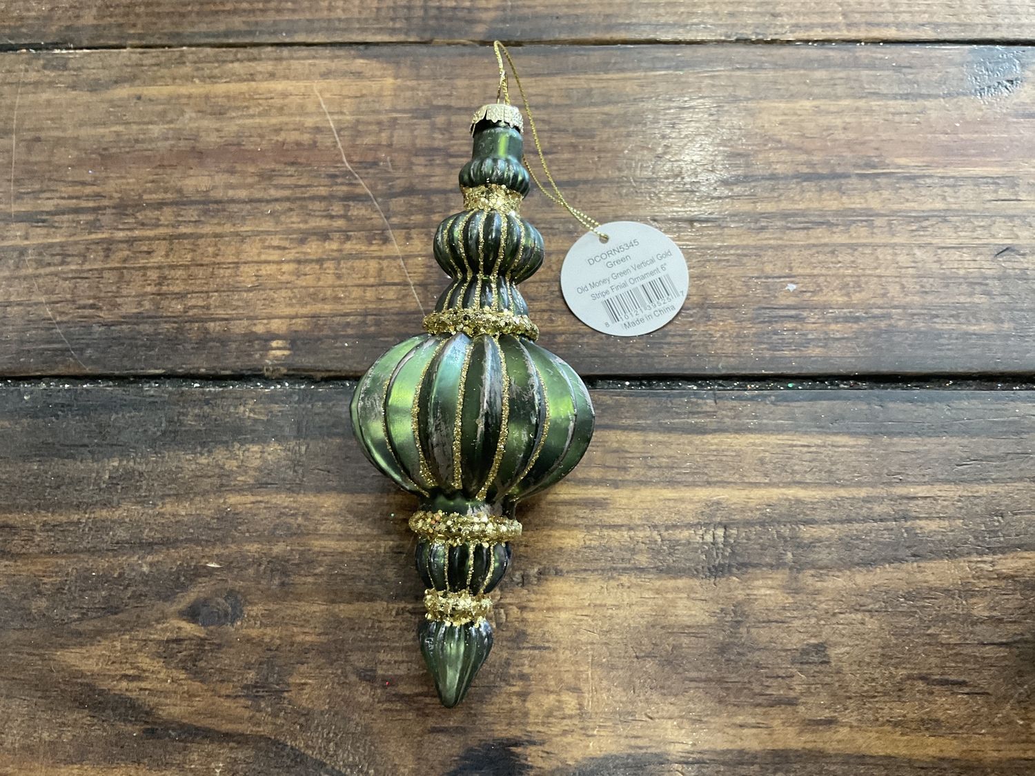 Old money, green, vertical gold stripe finial ornament