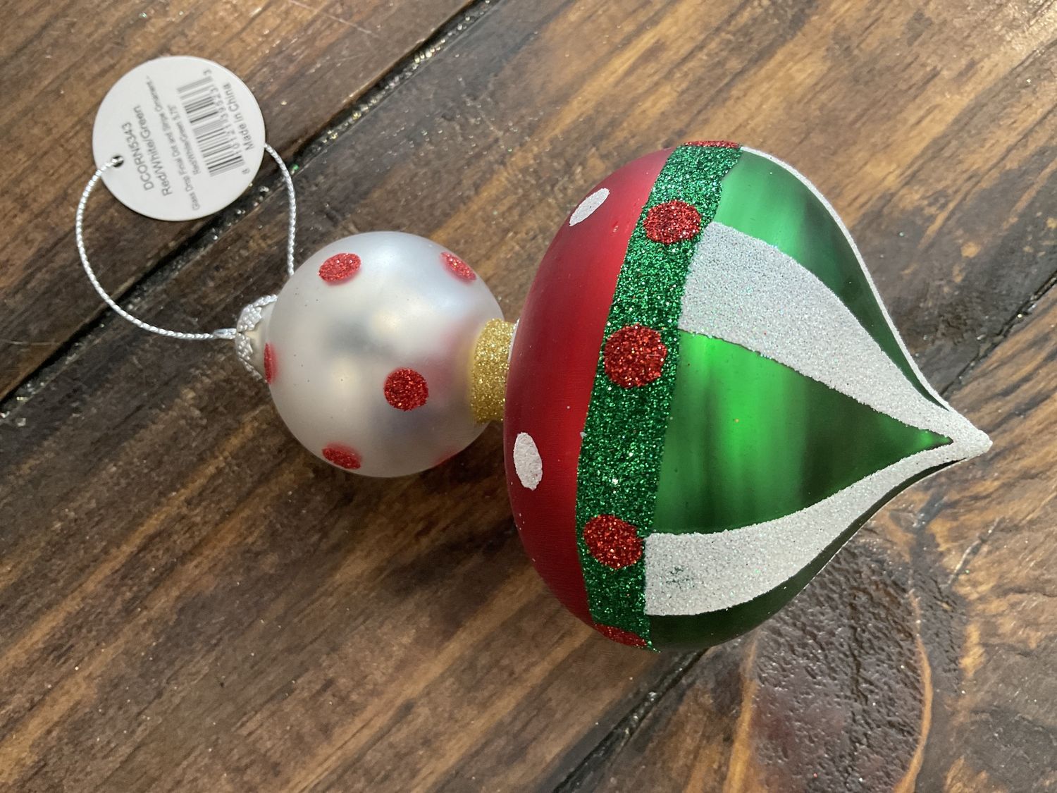 Glass drop Finial dot and stripe ornament, red, white and green