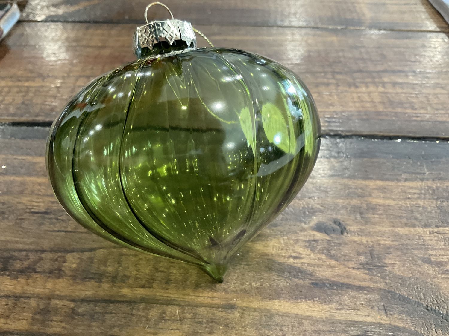 Vertical stripe olive green glass onion ornament