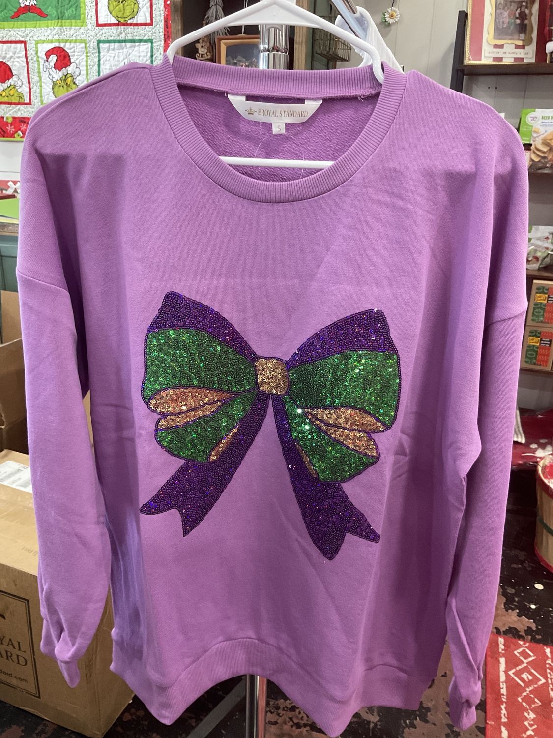 Mardi Gras sequence bow sweatshirt, Size: Small