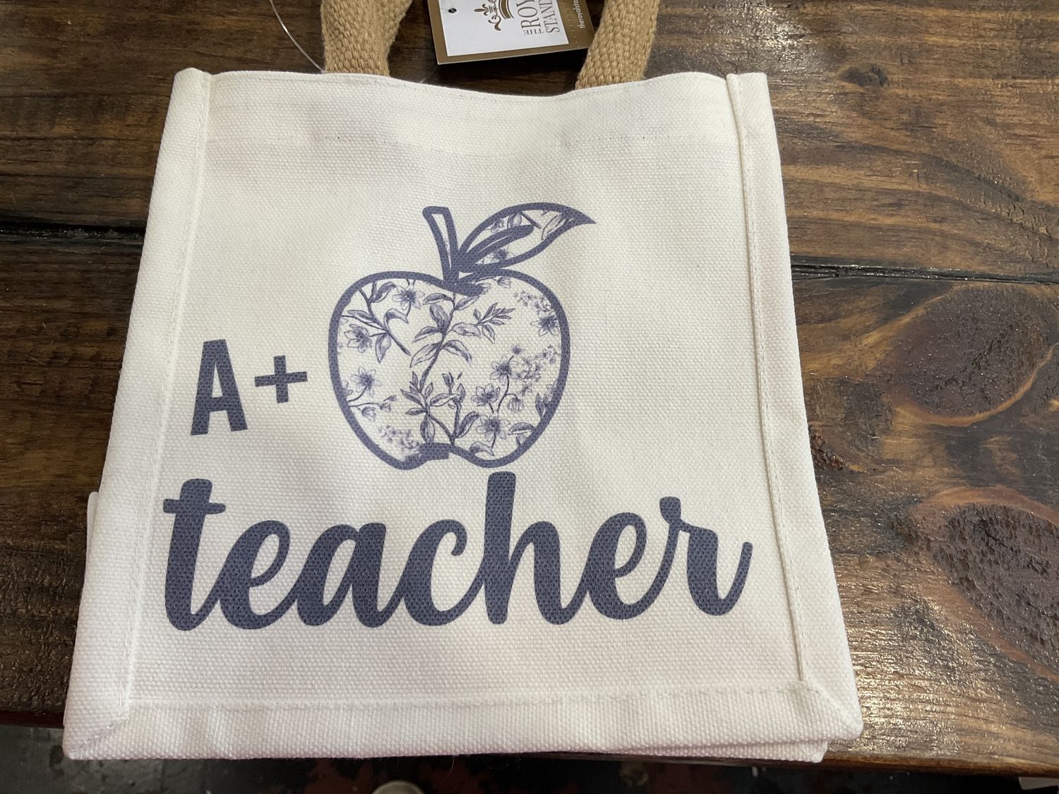 A+ teacher petite gift tote white/blue