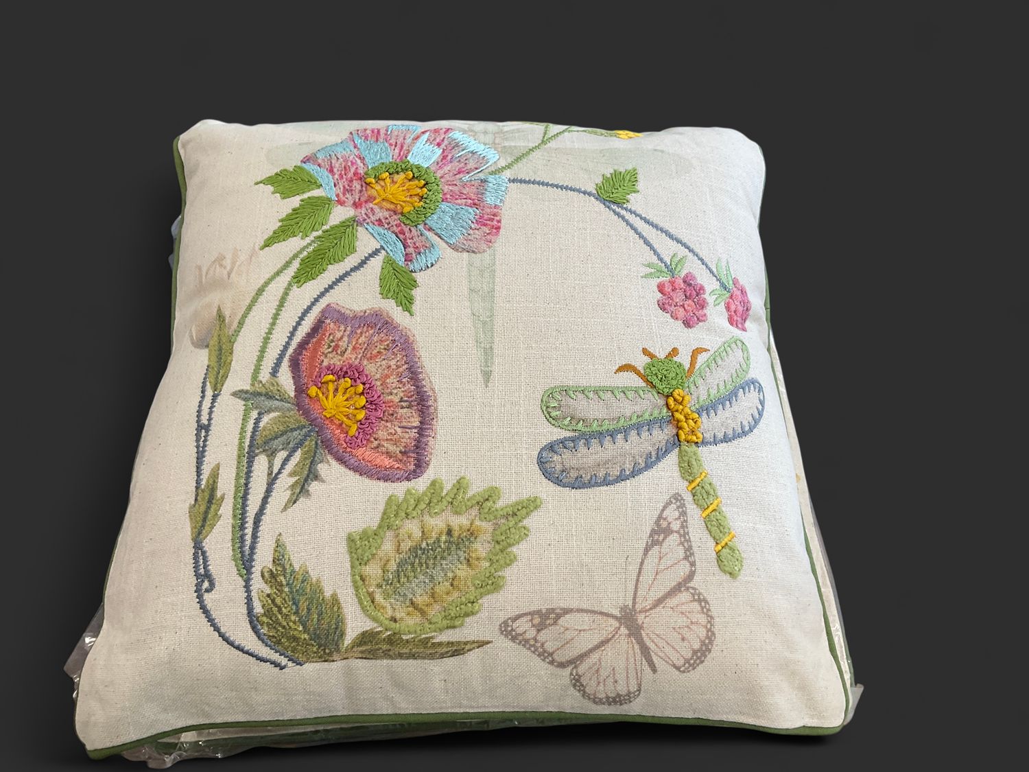 Floral and dragonfly embroidered pillow
