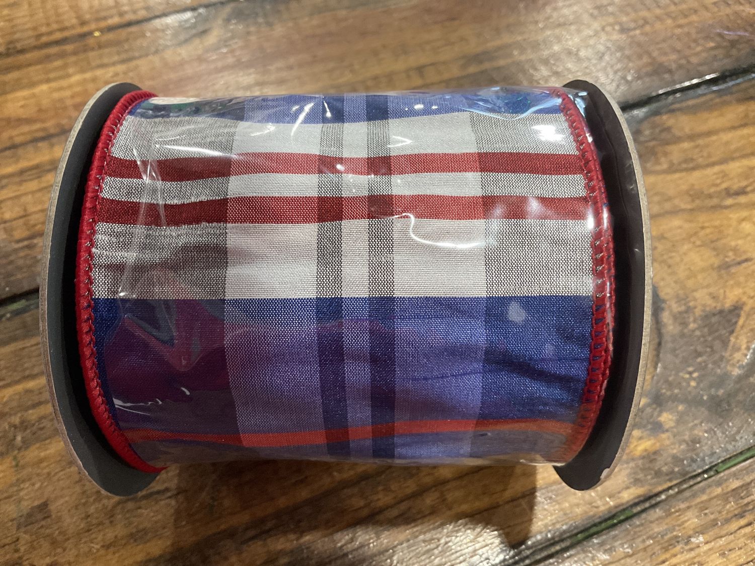 Plaid Americana, red white and blue ribbon