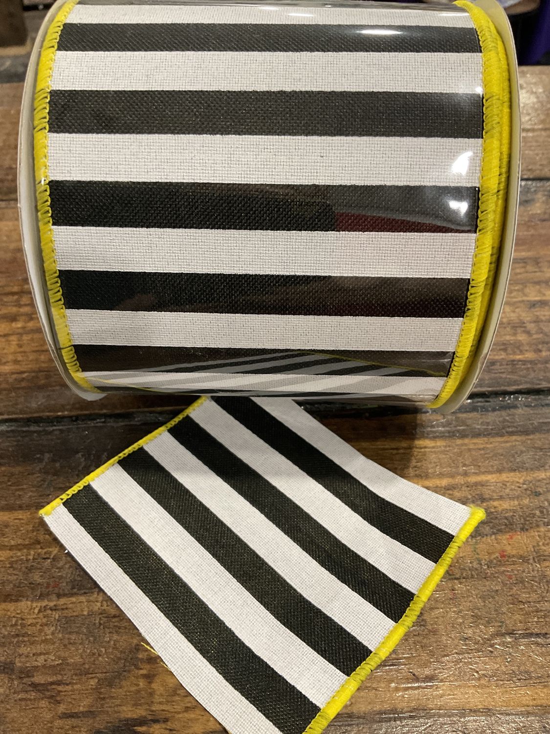 Cabana stripe, black, white yellow ribbon