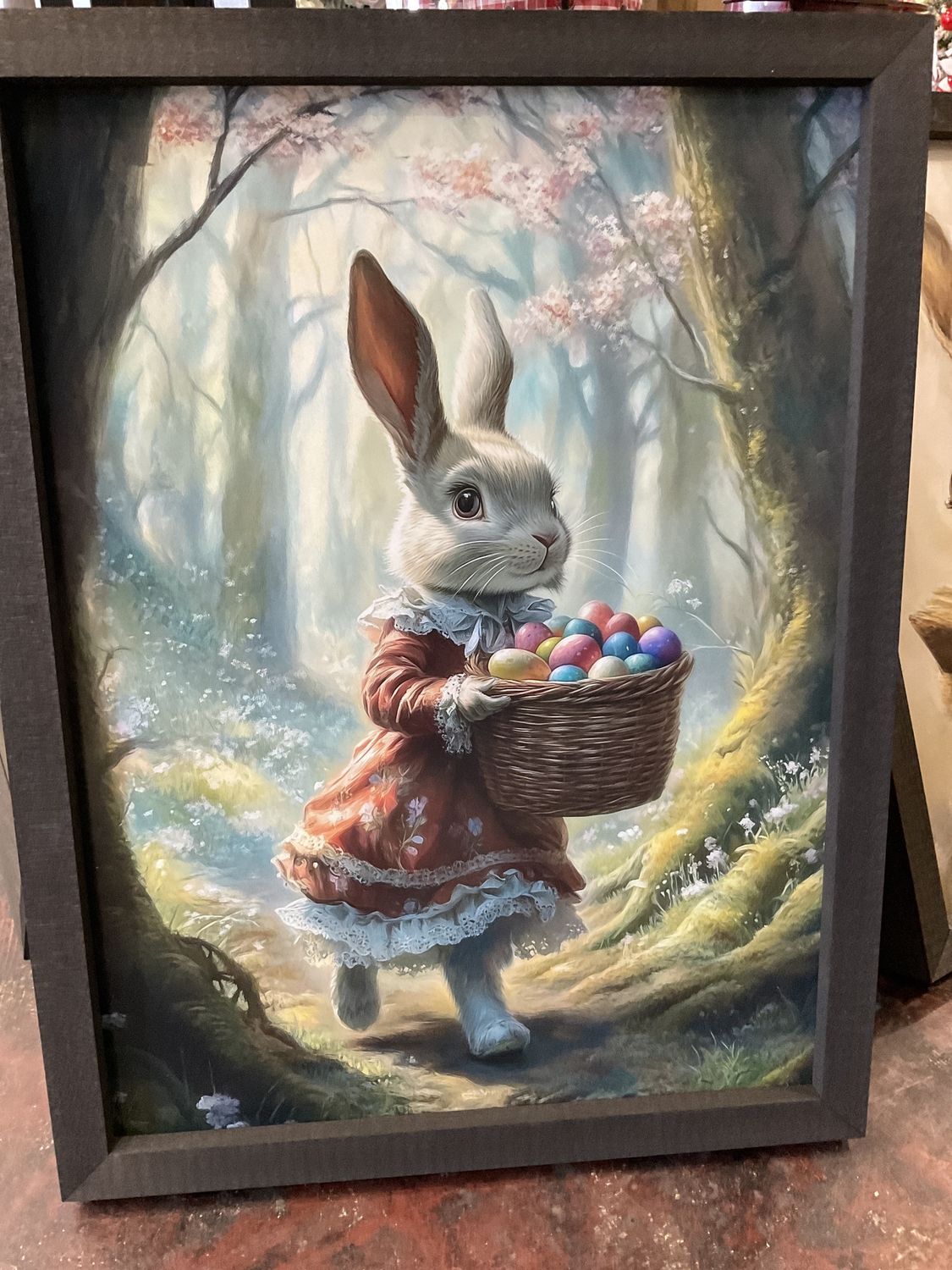 Lady bunny collecting eggs