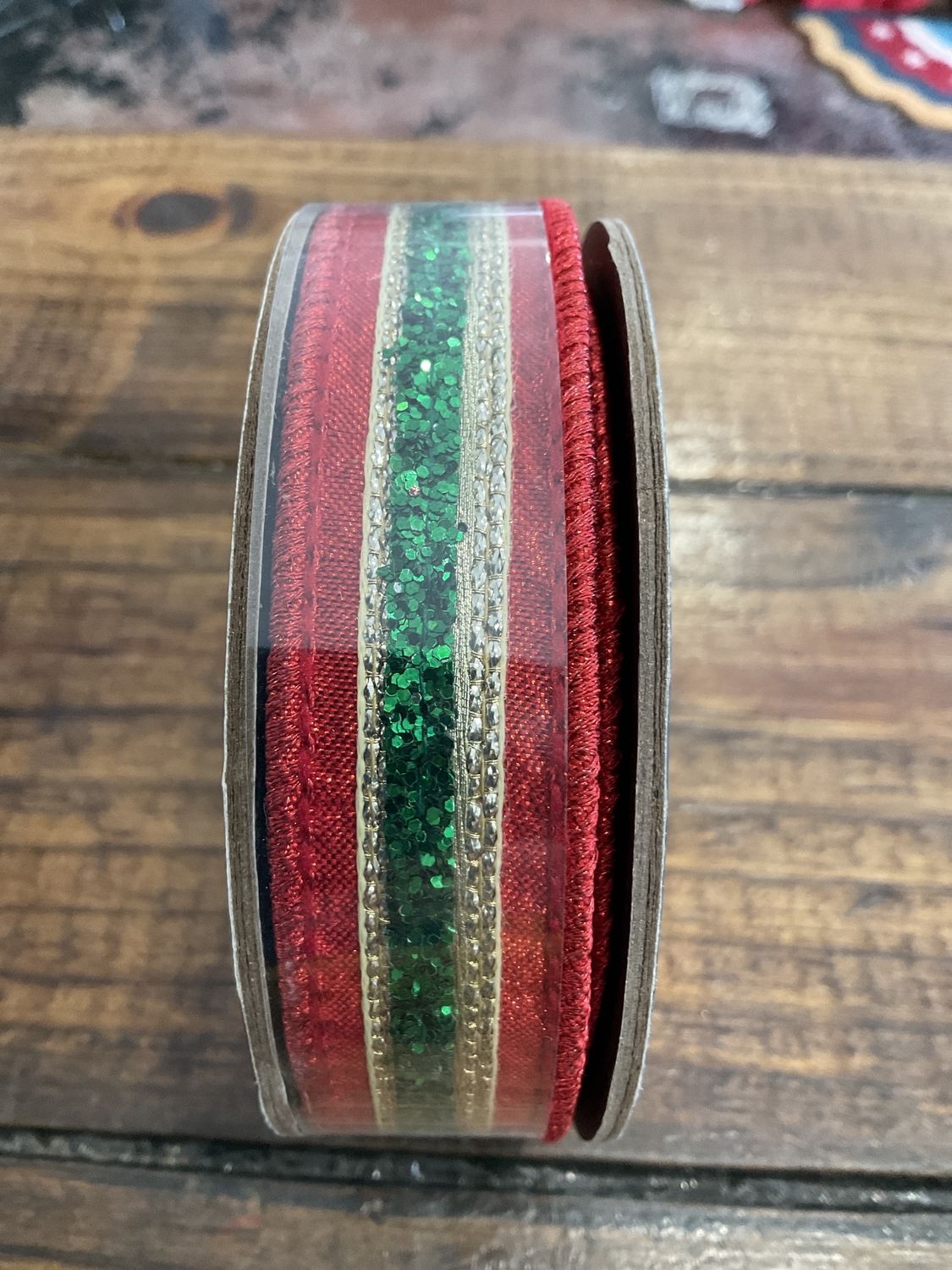 Glitter stripe metallic, fiesta, deluxe, wired edge, ribbon, and red and green