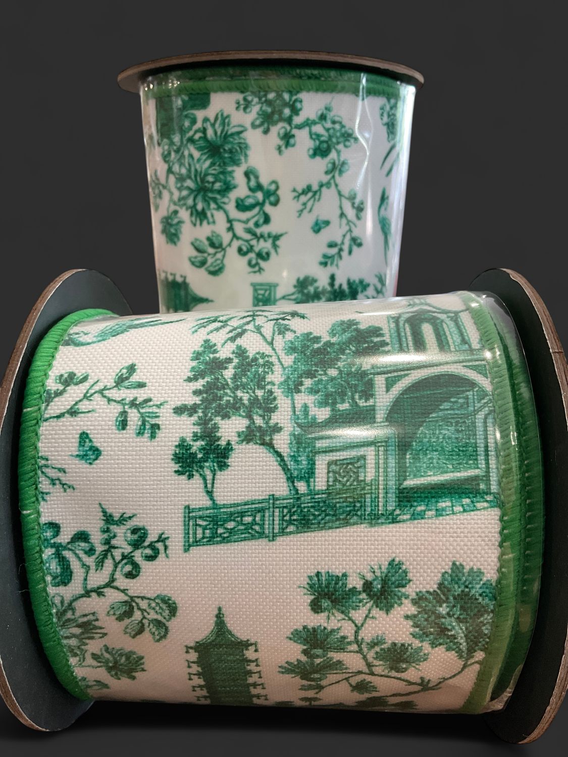 Asian Vista chin, chinoiserie  deluxe ribbon, Kelly