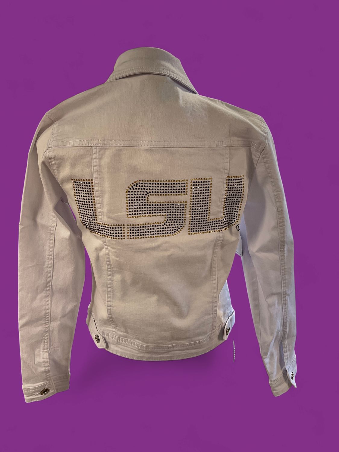 LSU Krystal Bach letters, white denim jacket