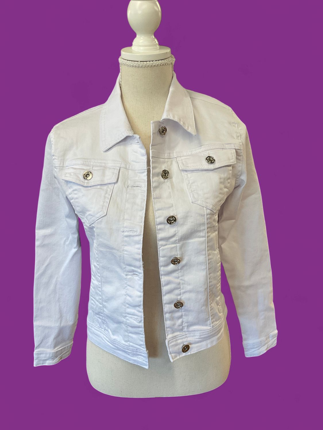 LSU Krystal Bach letters, white denim jacket