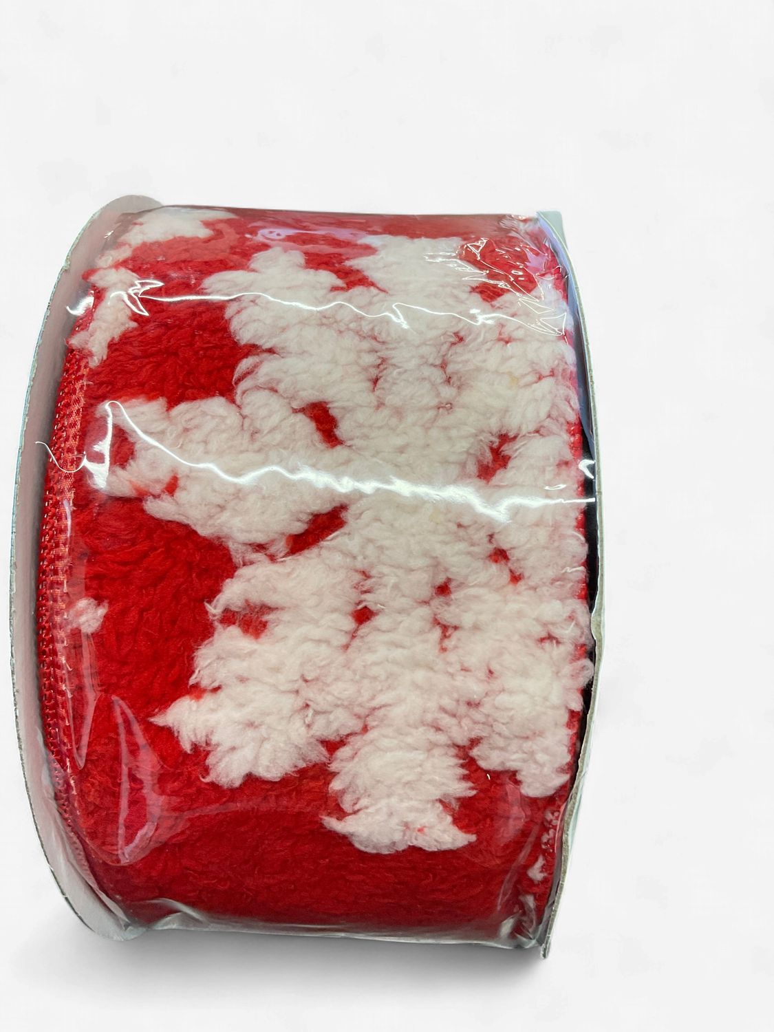 Fuzzy red with white snowflake  ribbon