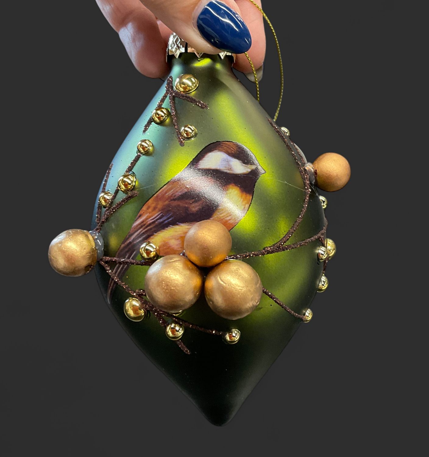 Chickadee with gold berries, glass ornament