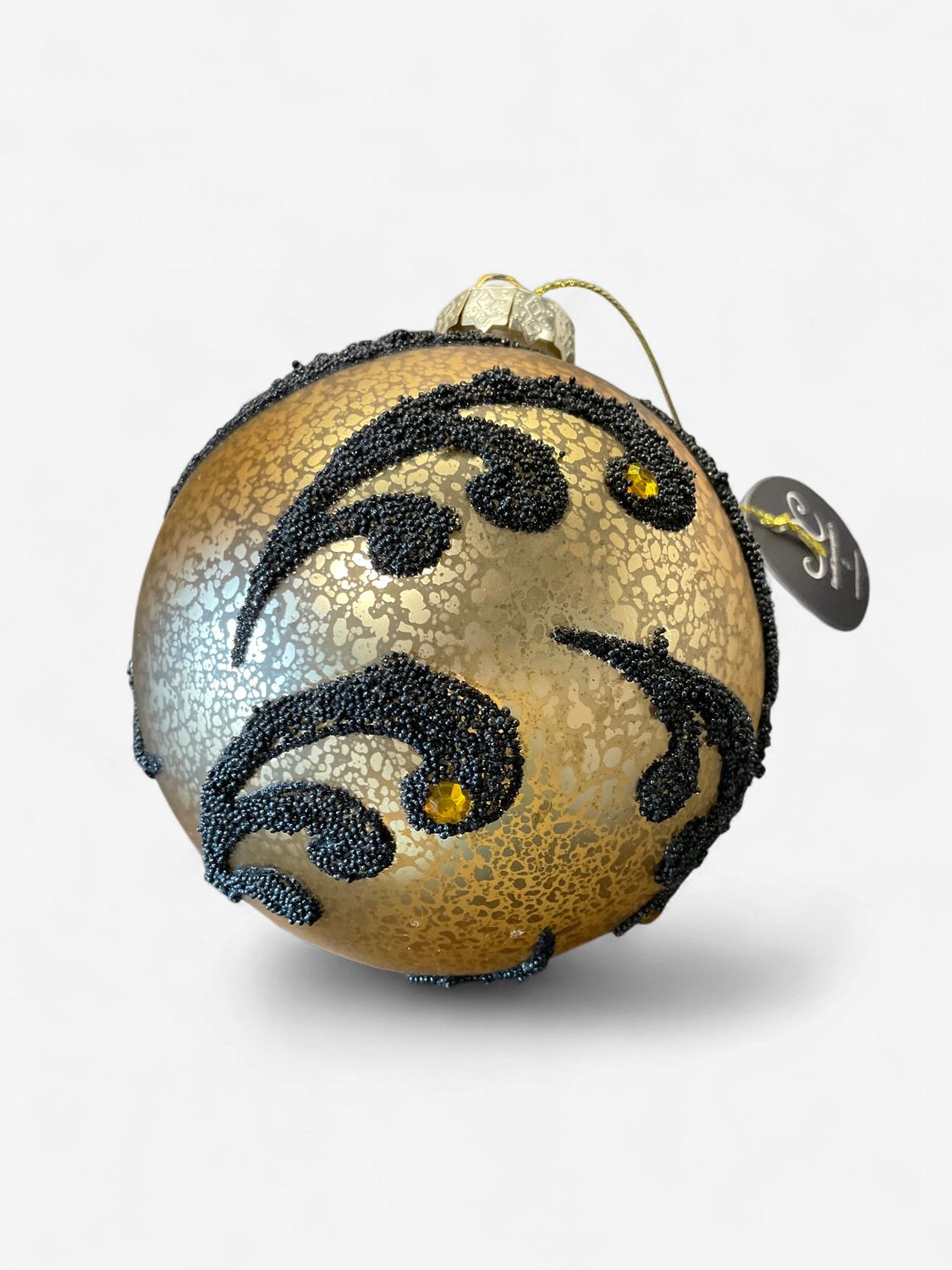 Mercury gold/black embossed glass ball ornament