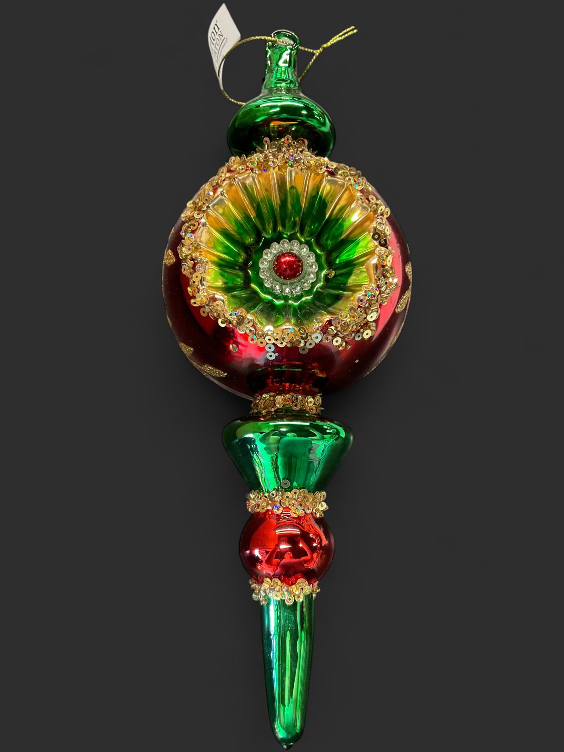 Ornament, red and green finials