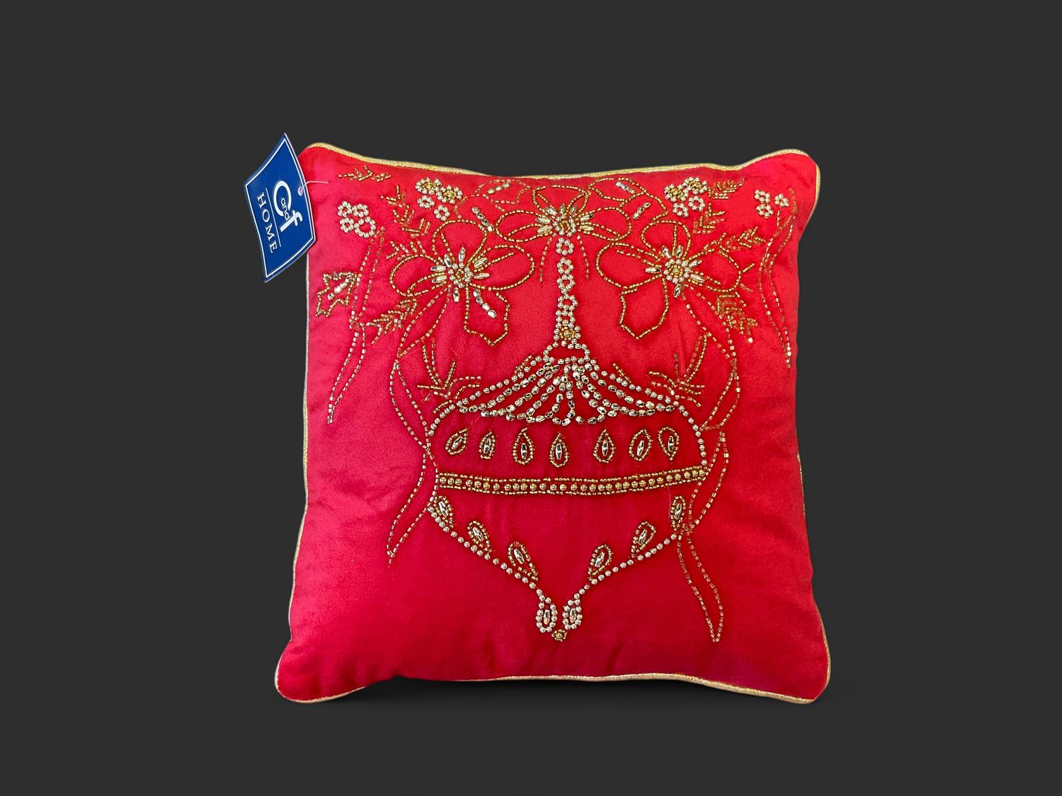 Hand beaded, red velvet ornament pillow