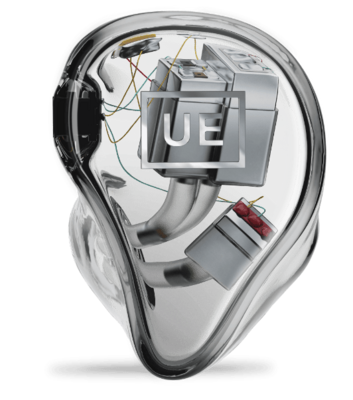 UE 6+ PRO custom in-ear monitor with translucent shell showing hybrid driver design