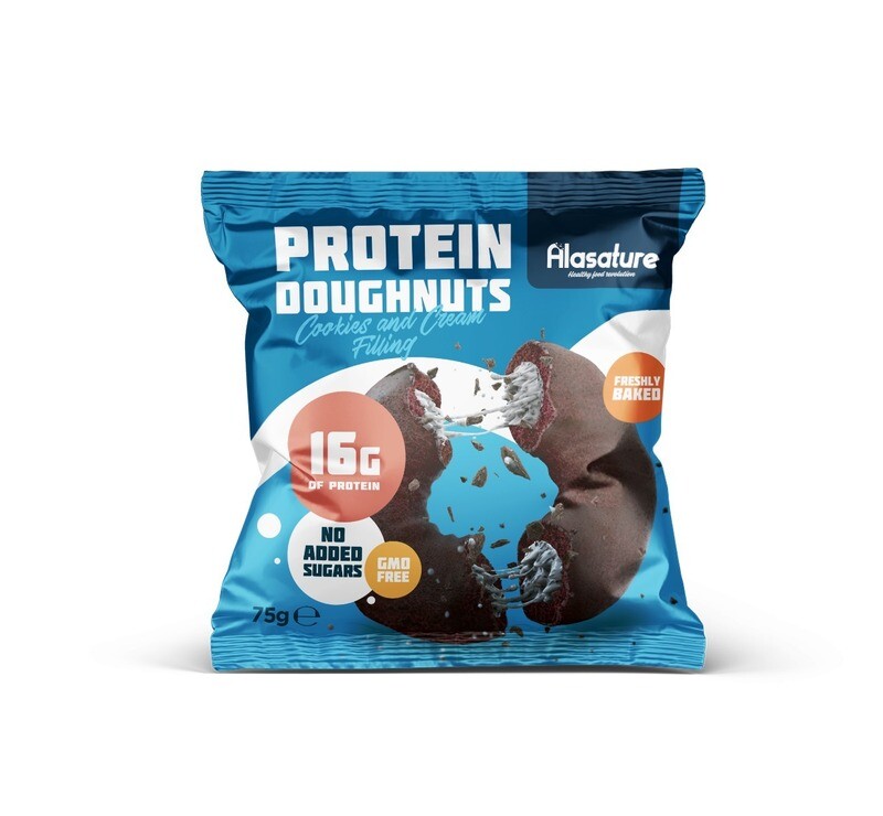 Alasature. Doughnuts High Protein, Cookie &amp; Cream Filled, With Sweeteners, Freshly Baked, No Added Sugars, GMO Free.