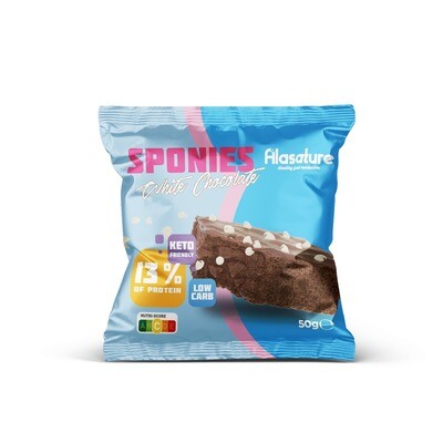 Alasature. Sponies Brownies High Protein, White Chocolate, With Sweeteners, Freshly Baked, Low Carb, Keto Friendly, GMO Free.