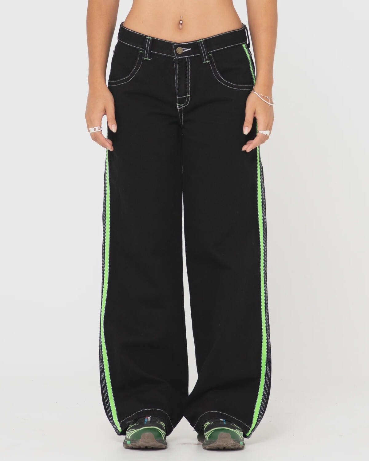 RUSTY| FLIP MOMMY LOW RISE WIDE LEG DENIM JEAN, Colour: BLACK OUT/ CLASSIC GREEN, Size: 6