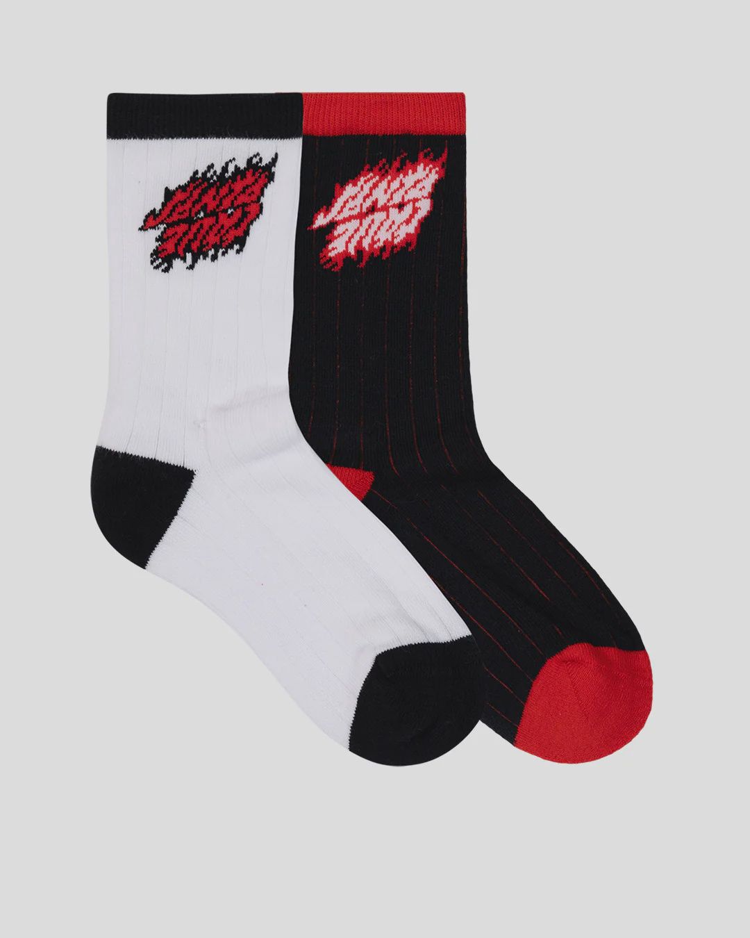 SANTA CRUZ | FLAMED STACK UPSIDE DOWN CREW SOCK 2 PACK, Colour: WHITE-BLACK, Size: 2-8