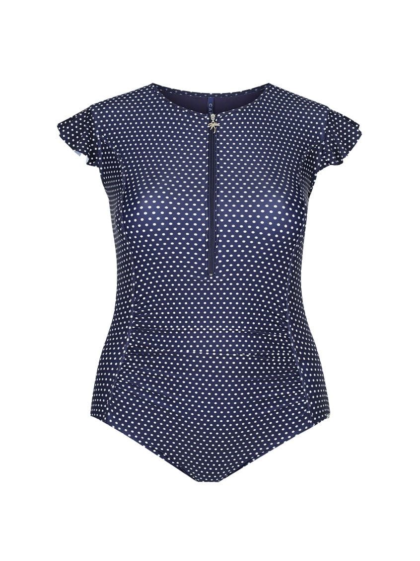 CAPRIOSCA | NAVY &amp; WHITE POLKA DOT FRILL SLEEVE ONE PIECE