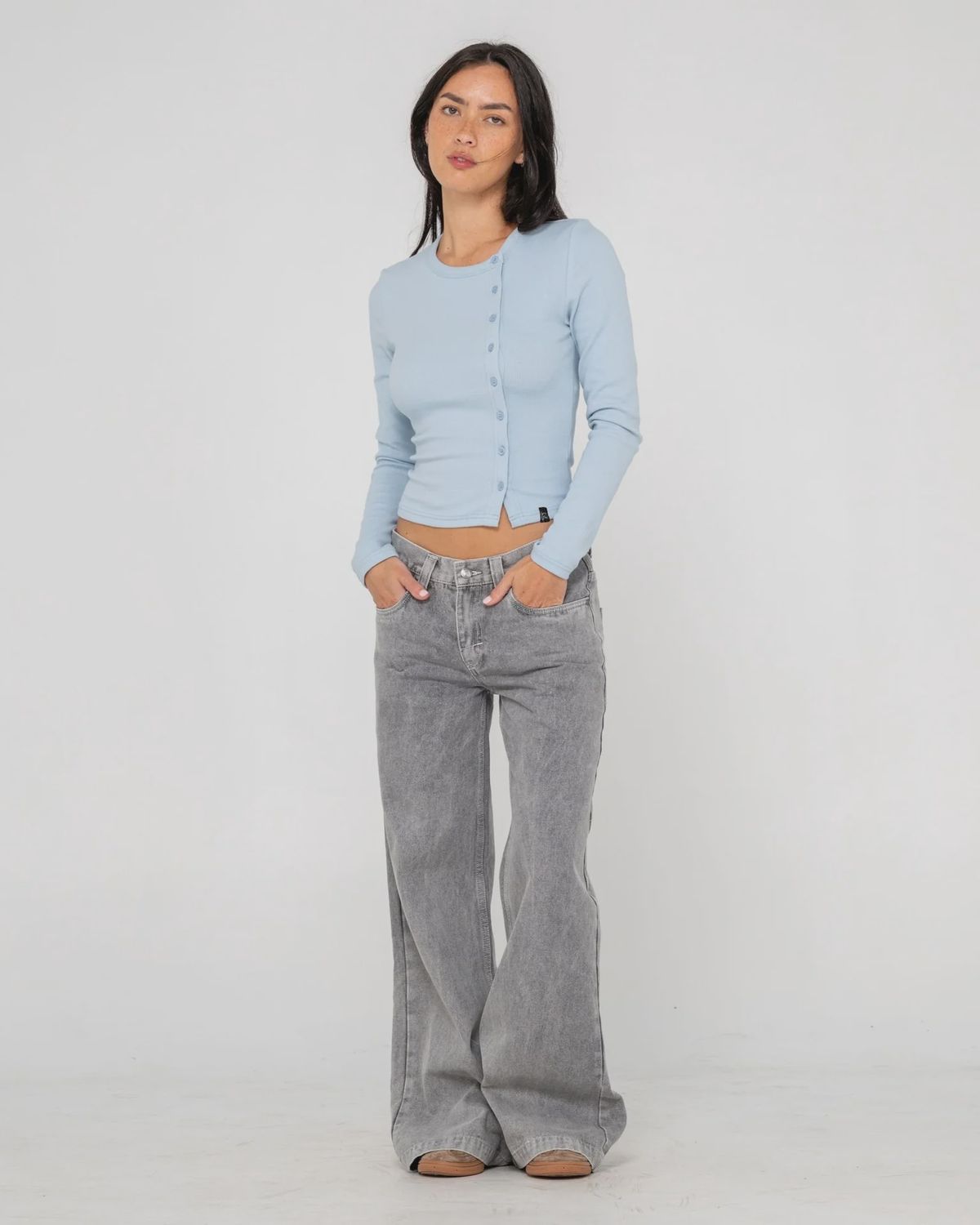 RUSTY | WOMANS BUTTON UP LONG SLEEVE TOP, Colour: RETRO BLUE, Size: 6