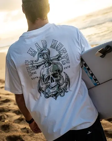 THE MAD HUEY’S | MENS ROPE SKULL ANCHOR SHORT SLEEVE TEE, Colour: WHITE, Size: S