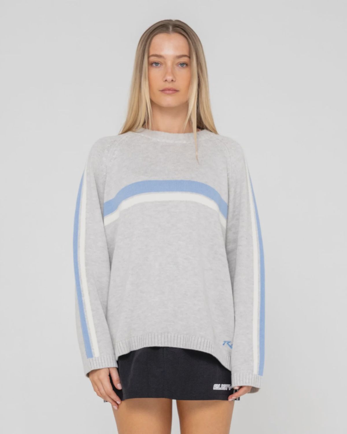 RUSTY | WOMANS WHITE LINES LONG SLEEVE CREW NECK KNIT, Colour: GREY MARLE / BLUE, Size: XS