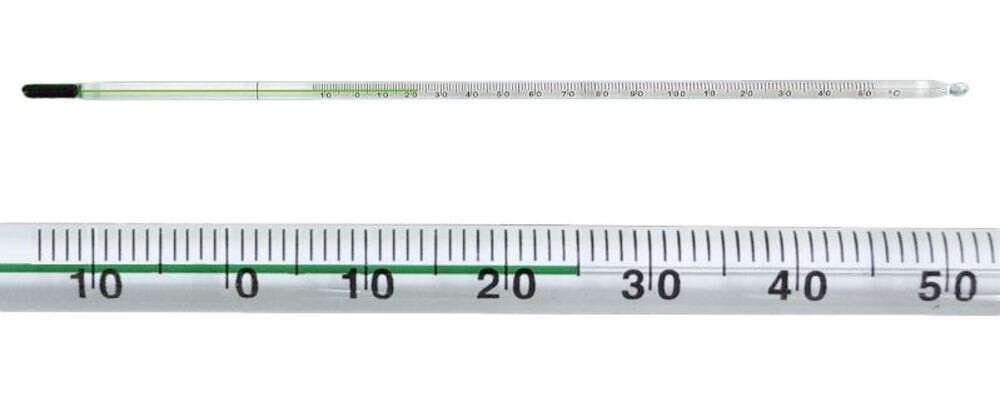 Thermomètre en verre avec remplissage spécial vert, -10 à +150 °C, 1 °C