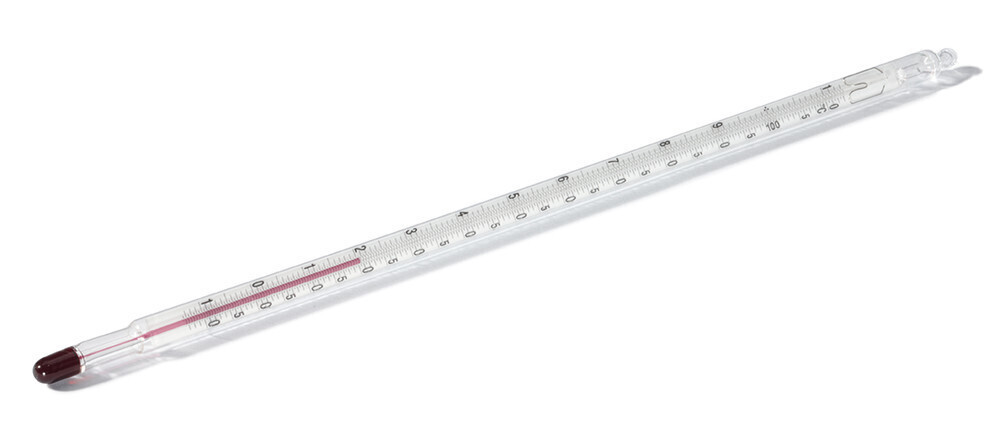 Glass thermometer calibrated, 0 to +200 °C, 1 °C