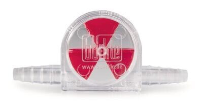 Flow indicator with polymethylpentene wing wheel, red