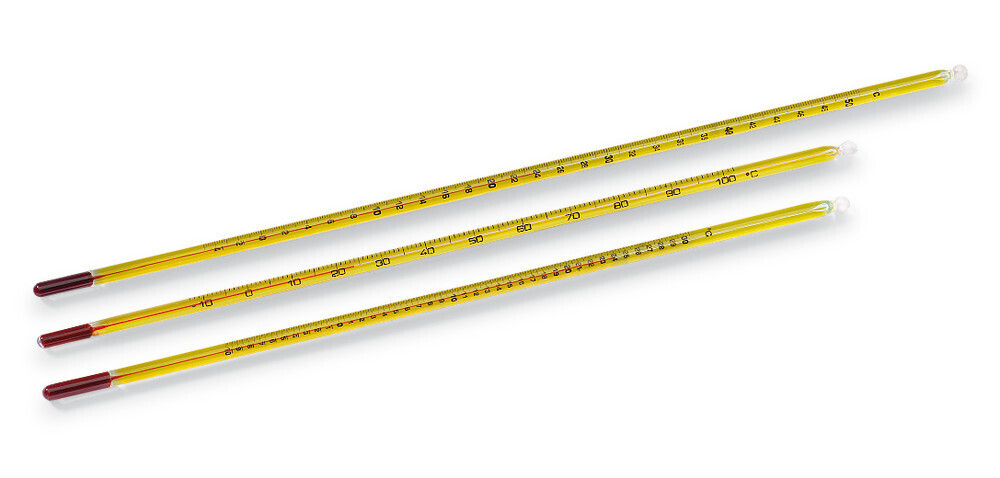 Termómetro de vidrio con relleno especial rojo Modelo de contención con certificado de fábrica, -10 a +50 °C, 0,5 °C, 220 mm