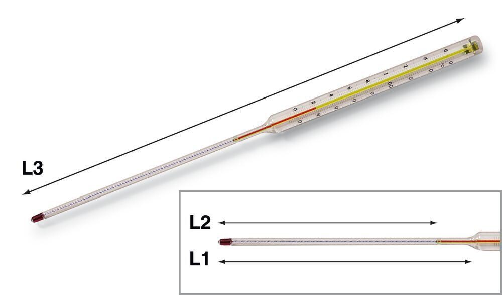 Straight thermometer, 0 to +200 °C, 2 °C, 340 mm, 105 mm