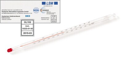 Glass thermometer with DAkkS calibration certificate, -10 to +100 °C, 0.5 °C, 270 mm