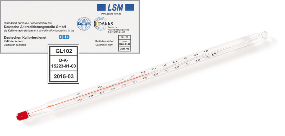Glass thermometer with DAkkS calibration certificate, -10 to +150 °C, 1 °C, 305 mm