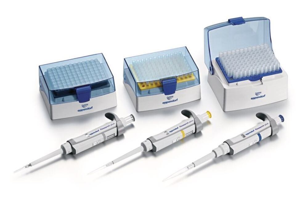 Single-channel microliter pipette set Eppendorf Research® plus, 100 - 1000 / 500 - 5000 / 1000 - 10000 µl, 1 piece