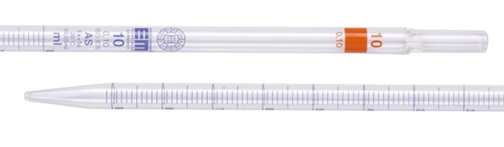 Pipettes graduées type 3, classe AS Petit emballage, 10 ml, Division, 0,1 ml, Extrémité avec bouchon en coton, oui, 6 pièces