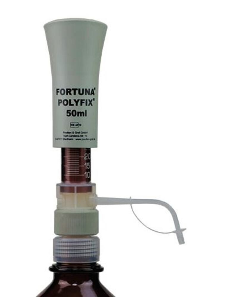 Dispensers FORTUNA® POLYFIX® With glass flask and brown glass cylinder, 10-50 ml, 1 piece