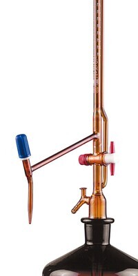 Appareil de titrage selon Pellet Class AS avec robinet à broche en PTFE sur le côté et robinet intermédiaire, verre brun, 10 ml, 1 pièce