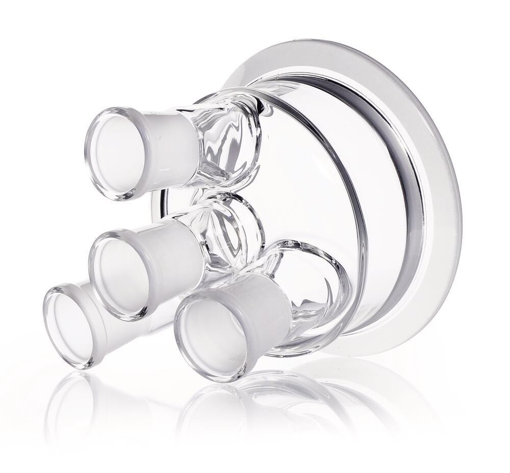 Flat flange lid DURAN® 4 necks with NS centre neck, 3 inclined side necks, DN 100, 138 mm, Height, 125 mm, 1 Piece