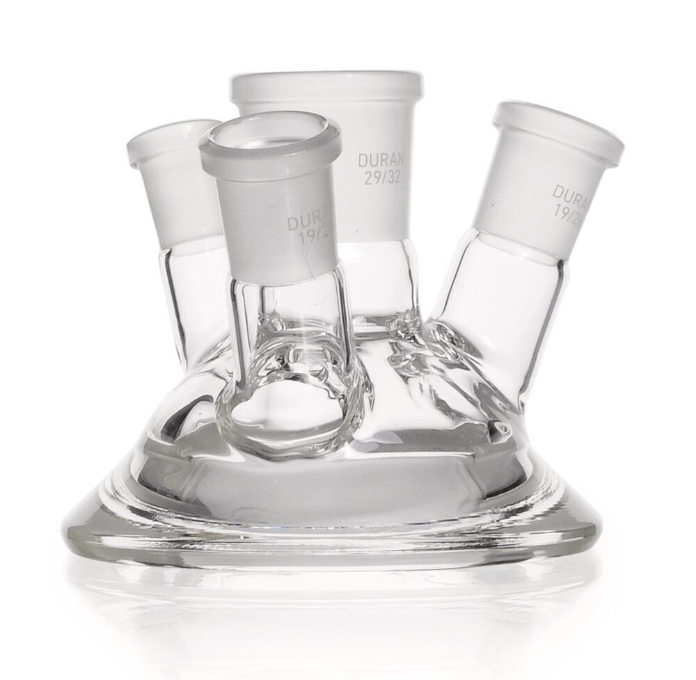 Flat flange lid DURAN® 4 necks with NS centre neck, 3 inclined side necks, DN 60, 100 mm, Height, 90 mm, 1 Piece