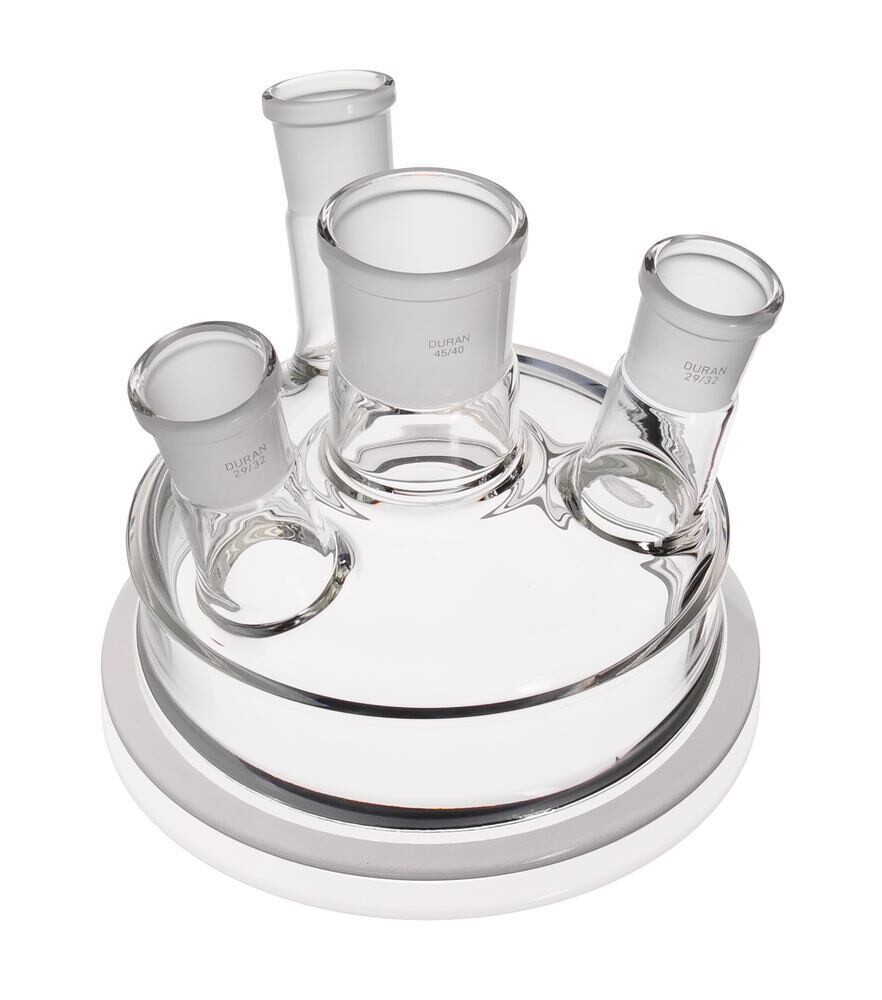 Flat flange lid DURAN® 4 necks with NS centre neck, 3 inclined side necks, DN 150, 184 mm, Height, 140 mm, 1 Piece