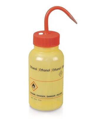 Wash bottle with venting valve, wide neck, Ethanol, orange, 1 Piece