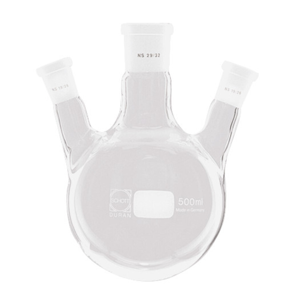 Dreihals-Rundkolben, 1000 ml, Mittelh. NS 24/29, Seitenh. NS 19/26, Seitenhälse schräg, DURAN®, 1 Stück