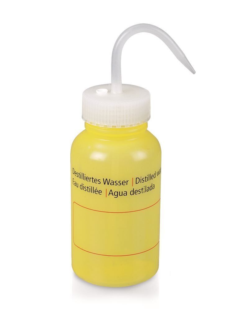 Wash bottle with venting valve, wide neck, Distilled water, translucent, 1 Piece