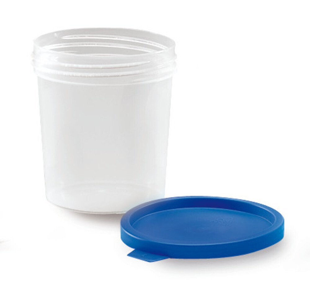 Sample beakers with snap-on lid, Non-sterile, 500 Piece(s), Lid blue, flat