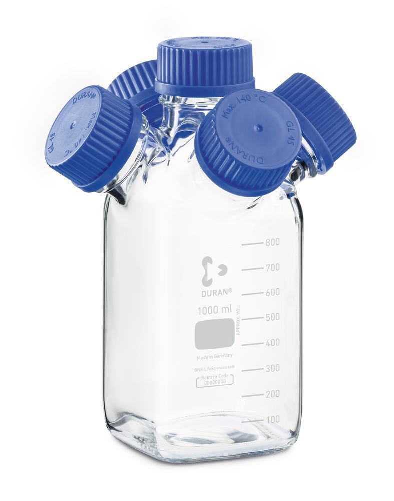 Flacon HPLC multi-cols DURAN® GL 45 Carré avec quatre cols latéraux GL 45, 1 pièce
